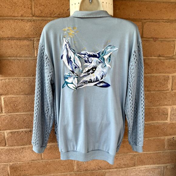 Vintage Adolfo Sport Zip Up Jacket See Thru Crochet Dolphin Embroidery Womens M - Picture 7 of 10
